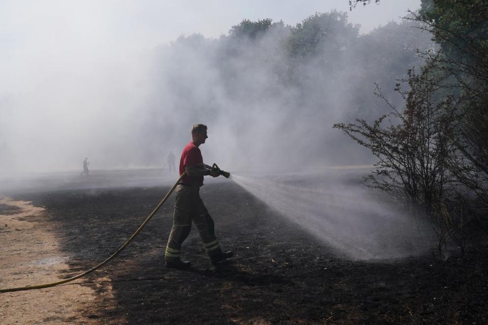 A firefighter dampens down a grass fire at Leyton Flats in east London (Yui Mok). (PA Wire)