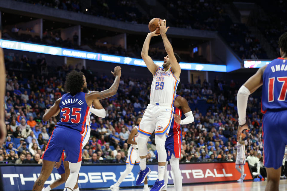 Oct 19, 2023; Tulsa, Oklahoma, USA; Oklahoma City Thunder guard Vasilije Micic (29) shoots in the second half against the Detroit Pistons at BOK Center. Mandatory Credit: Joey Johnson-USA TODAY Sports