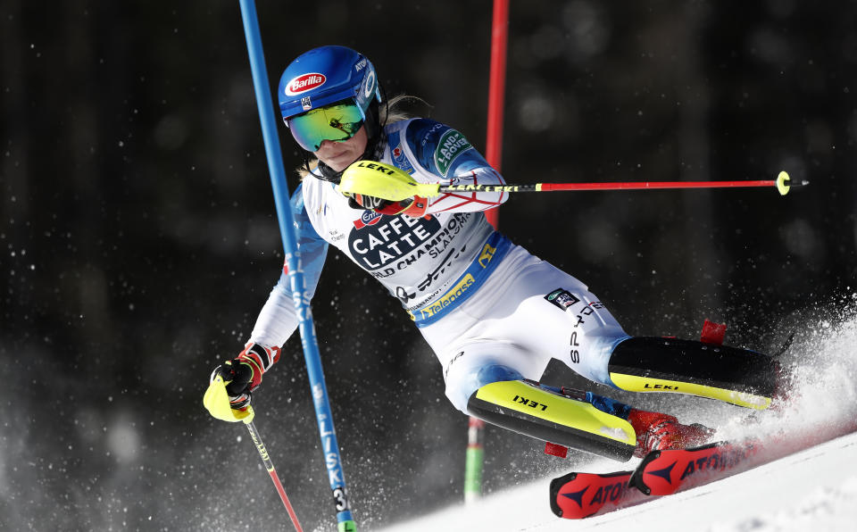 United States' Mikaela Shiffrin competes during a women's slalom, at the alpine ski World Championships in Cortina d'Ampezzo, Italy, Saturday, Feb. 20, 2021. (AP Photo/Gabriele Facciotti)