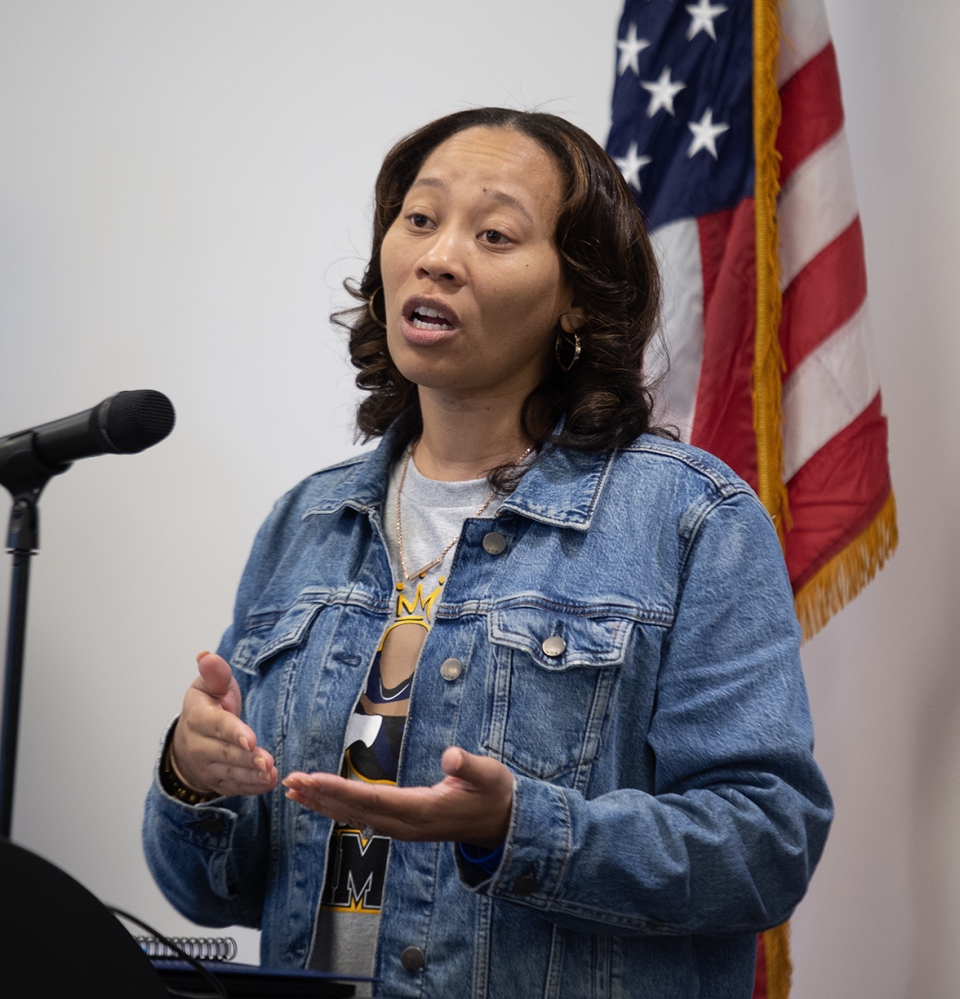 Streetsboro resident Tamia Woods, whose 17-year-old son, James, died by suicide in November after a sextortion incident, answers a question from the media on Thursday during a press conference about the Social Media Parental Notification Act.