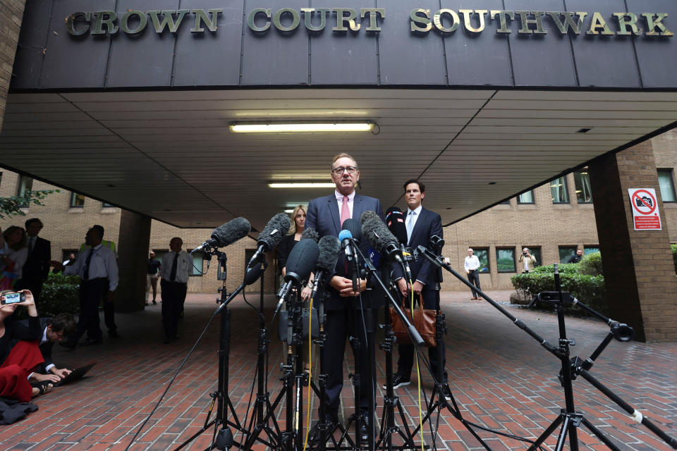 Actor Kevin Spacey speaks with the media outside Southwark Crown Court, after he was found not guilty on charges related to allegations of sexual offenses, in London, Britain, July 26, 2023. REUTERS/Susannah Ireland 