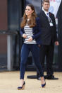 <p>Just a few months after giving birth to Prince George, the Duchess played volleyball in this (mostly) practical outfit – minus the 5-inch wedges!<i> (Photo by Max Mumby/Indigo/Getty Images)</i></p>
