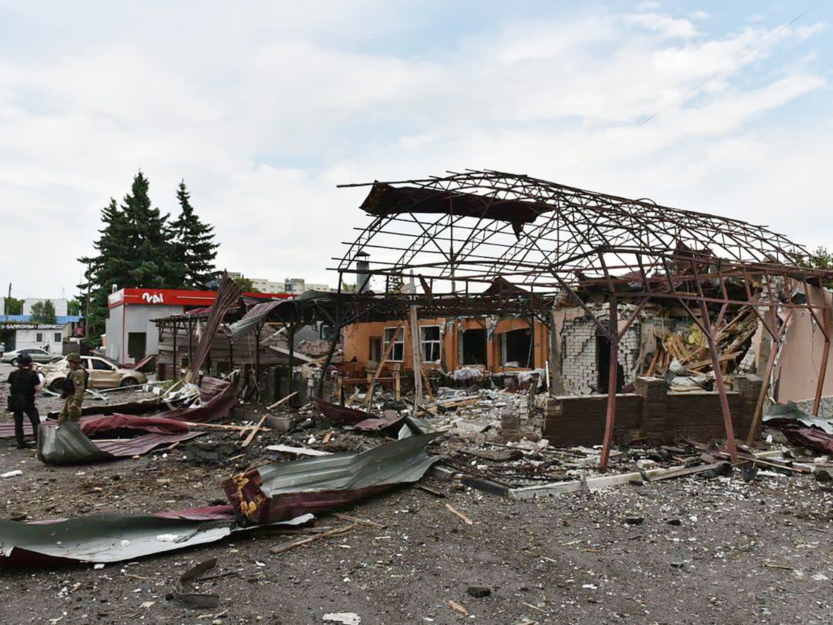 A cafe in the northeast Ukrainian city of Kharkiv is seen completely destroyed by a Russian glide bomb  (Telegram / @synegubov/AFP via Ge)