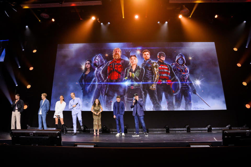 D23 EXPO 2022 - The Ultimate Disney Fan Event presented by VISA - brings together all the worlds of Disney under one roof for three packed days of presentations, pavilions, experiences, concerts, sneak peeks, shopping, and more. The event, which takes place September 9, 10, and 11 at the Anaheim Convention Center, provides fans with unprecedented access to Disney films, series, games, theme parks, collectibles, and celebrities. (The Walt Disney Company via Getty Images)
Sebastian Stan, Wyatt Russell, Hannah John-Kamen, David Harbour, Julia Louis-Dreyfus, Jake Scheier, Kevin Feige (President, Marvel Studios)