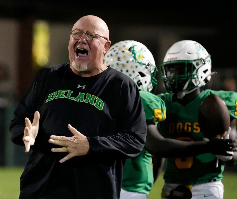 DeLand head football coach Rick Darlington during a game with Flagler Palm Coast at Spec Martin Stadium in DeLand, Friday, Nov. 4, 2022.