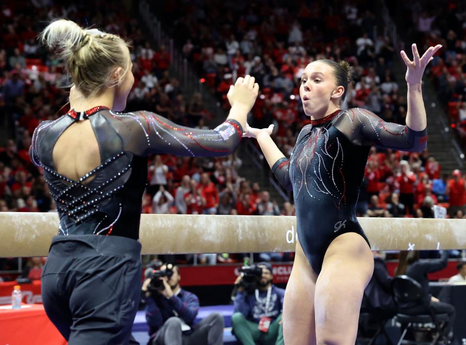 Utah’s Maile O’Keefe reacts after finishing a 10.0 beam routine as the Utah Red Rocks compete against Oregon State in a gymnastics meet at the Huntsman Center in Salt Lake City on Friday, Feb. 2, 2024. Utah won. | Kristin Murphy, Deseret News