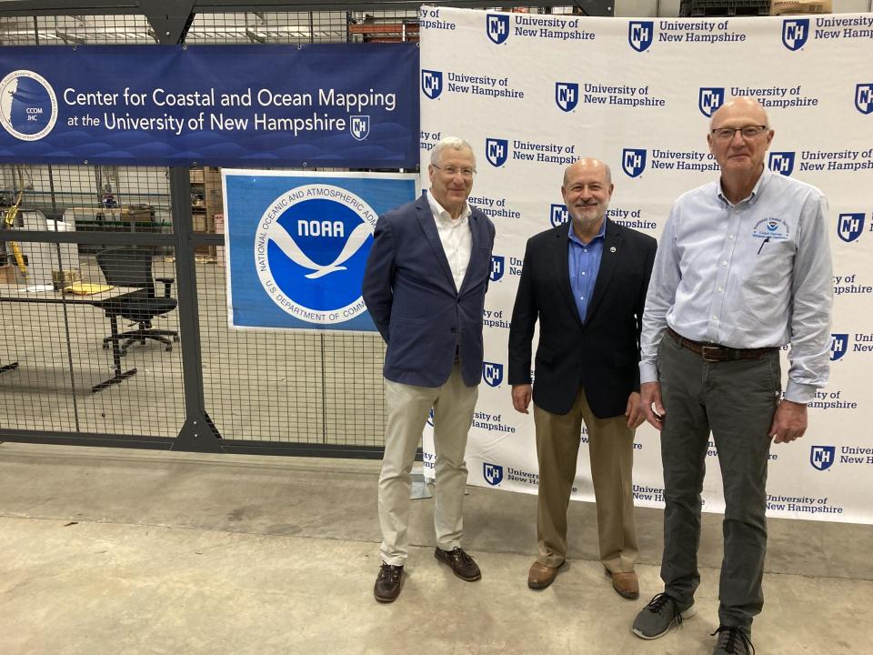 The University of New Hampshire and the National Oceanic and Atmospheric Administration announced Tuesday that they will be opening a Center of Excellence for Operational Ocean and Great Lakes Mapping at the university's flagship Durham campus. From left to right are Larry Mayer, director of UNH's Center for Coastal & Ocean Mapping and the school's Joint Hydrographic Center co-director; Rick Spinrad, NOAA’s administrator; and Andy Armstrong, co-director of the school’s Joint Hydrographic Center and a retired NOAA officer, in Durham on Tuesday, Sept. 19, 2023.