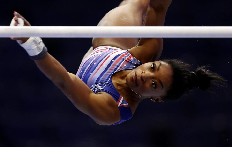 Simone Biles practices ahead of the 2024 U.S. Olympic Team Gymnastics Trials at Target Center on June 26, 2024 in Minneapolis, Minnesota (Getty Images)