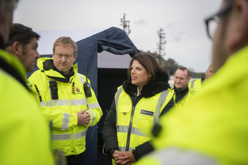 Immigration Minister Caroline Nokes speaks with Border Force officers and the HM Coastguard in Dover, to discuss migrants' attempts to reach Britain by small boat.