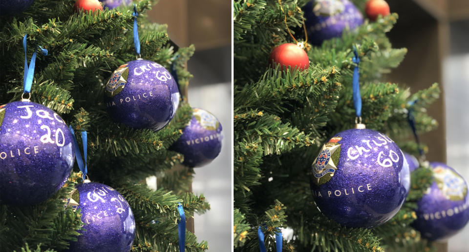 The Christmas tree is covered in ornaments, inscribed with the names of those who lost their lives on Victorian roads this year. Image: Victoria Police