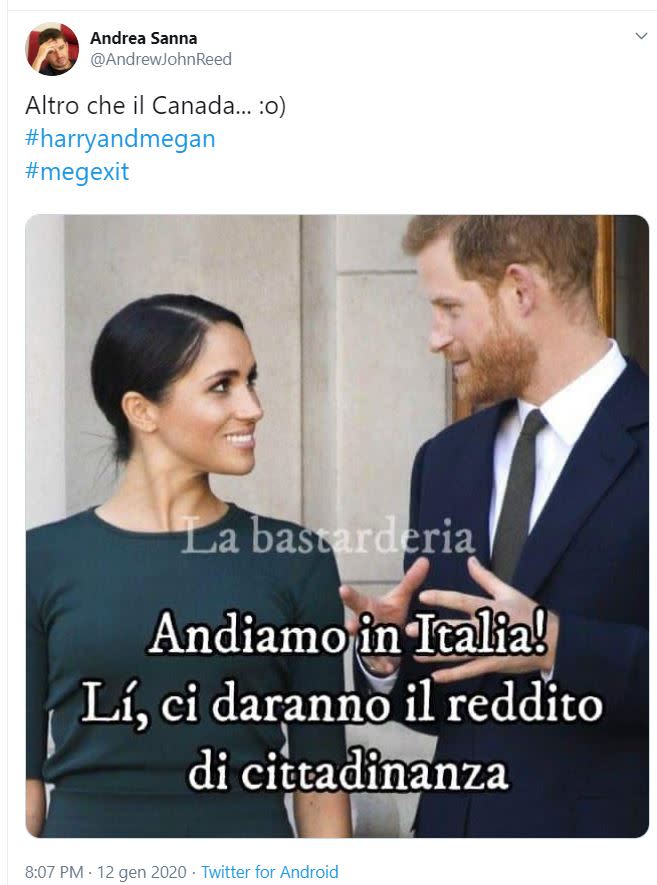 Harry e Meghan, almeno su Twitter, stanno già subendo le prime conseguenze della loro indipendenza: il duca di Sussex si è trasformato in un dipendente di McDonald's ed è alla ricerca di un nuovo impiego su Linkedin. Anche Greta cinguetta la sua e Maria De Filippi potrebbe far riappacificare l'intera famiglia reale a "C'è Posta per te". Il tutto mentre la giovane coppia inglese pensa di cambiare destinazione: non più il Canada, ma l'Italia sperando nel redditto di cittadinanza.