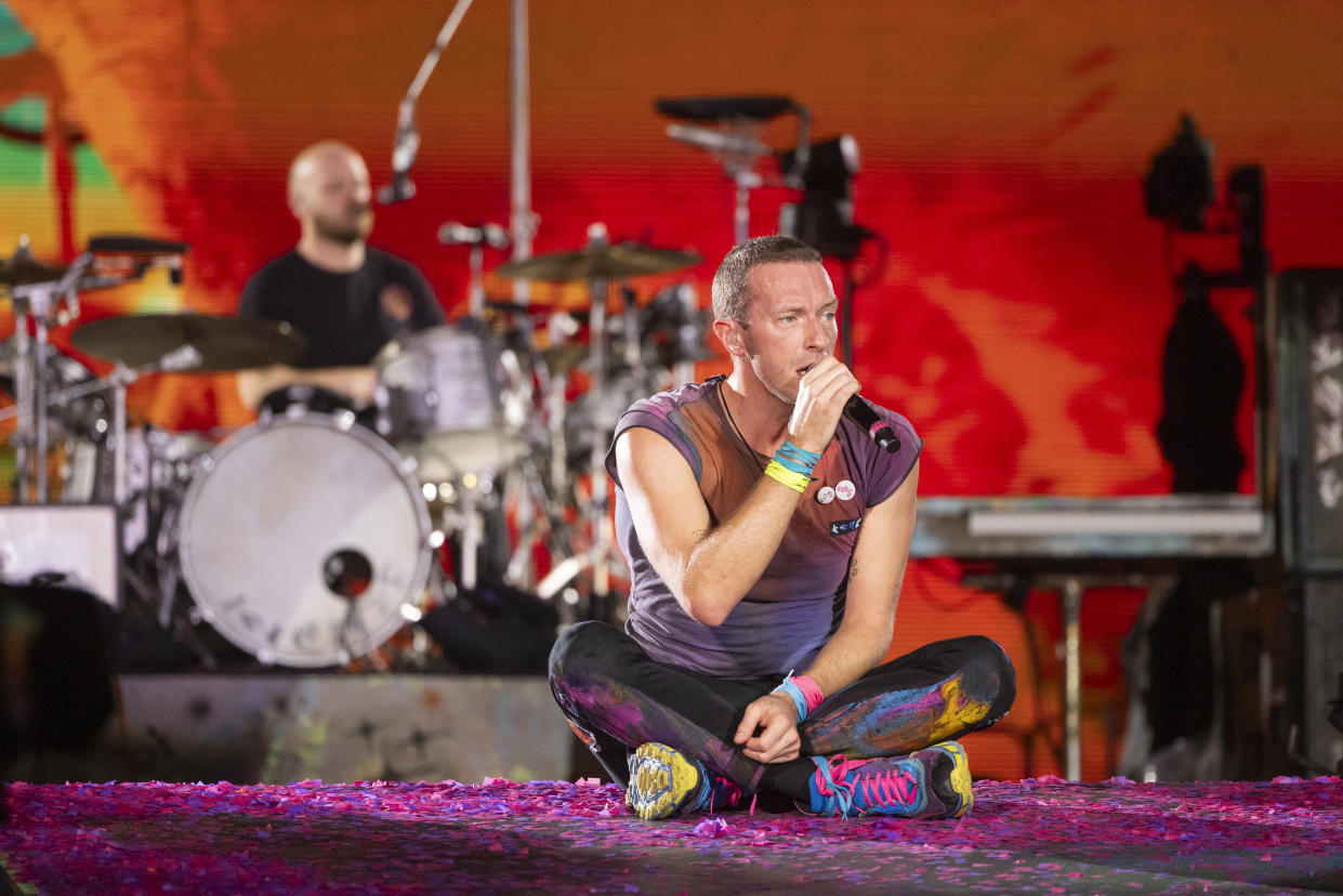 Chris Martin of Coldplay performs at Optus Stadium in Perth, Australia