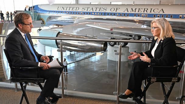 PHOTO: ABC News chief Washington correspondent Jonathan Karl interviews Congresswoman Liz Cheney at The Reagan Library in Simi Valley, Calif. June 29, 2022.   (Richard Harbaugh/ABC)