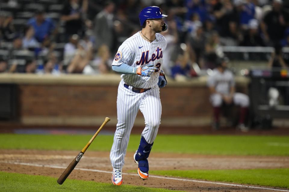 New York Mets' Pete Alonso (20) runs the bases after hitting a two-run home run against the Arizona Diamondbacks during the fifth inning of a baseball game Tuesday, Sept. 12, 2023, in New York. (AP Photo/Frank Franklin II)