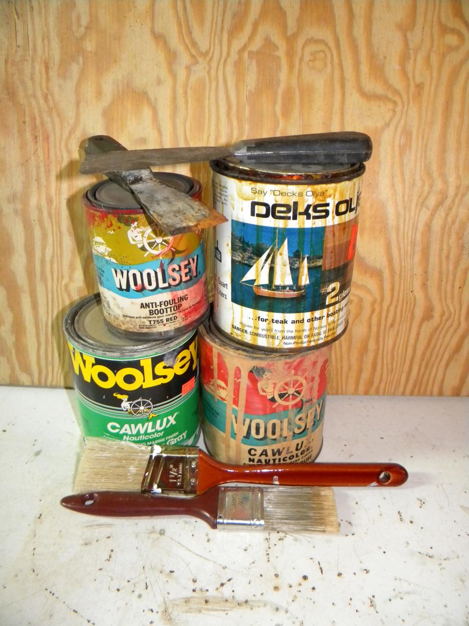 These are some of the tools of a do-it-yourself boatman. Woolsey paint was the marine standard of its day.