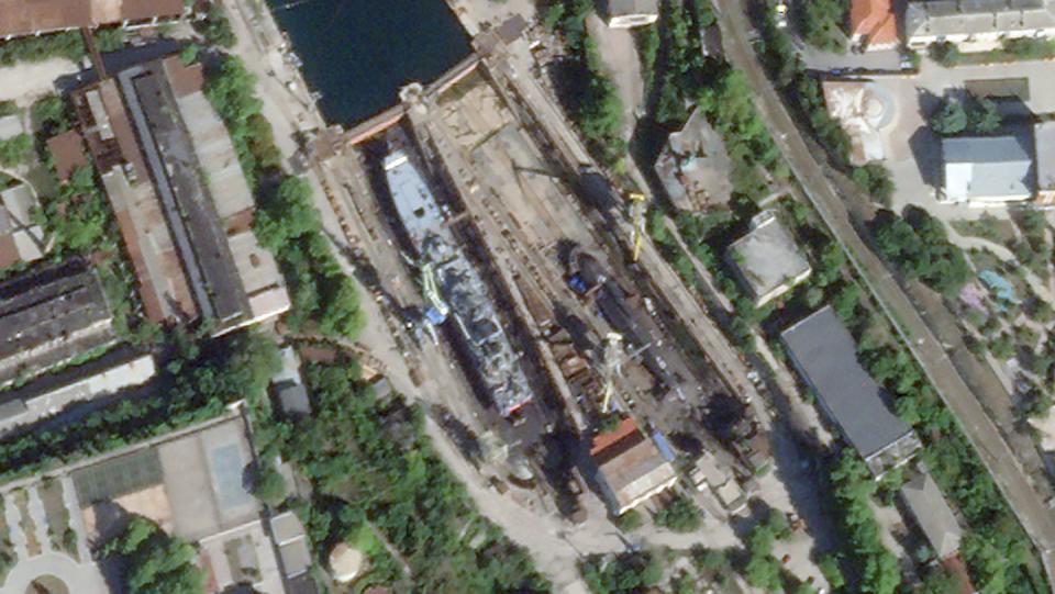 A September 12, 2023, image of the dry dock that was struck. <em>PHOTO © 2023 PLANET LABS INC. ALL RIGHTS RESERVED. REPRINTED BY PERMISSION</em>