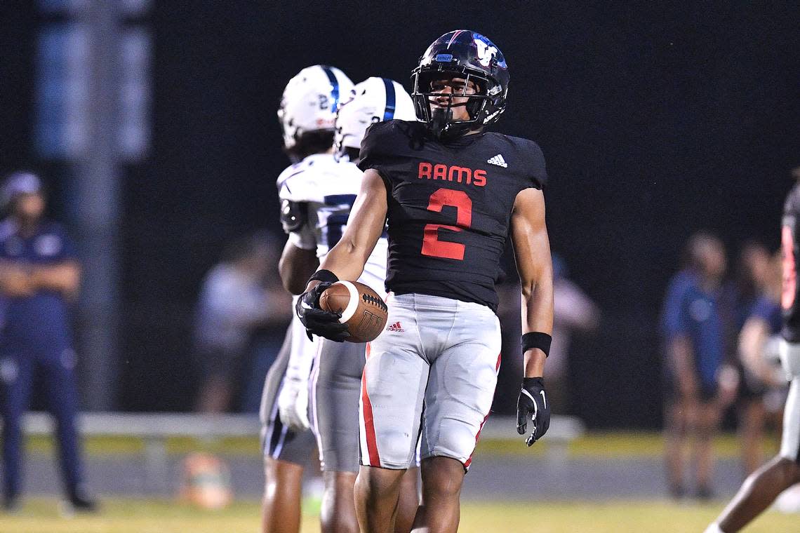 Rolesville running back Amir Brown (2) reacts to a play during the first half against Grimsley. The Rolesville Rams and the Greensboro Grimsley Whirlies met in a non-conference football game in Rolesville, N.C. on August 30, 2024.