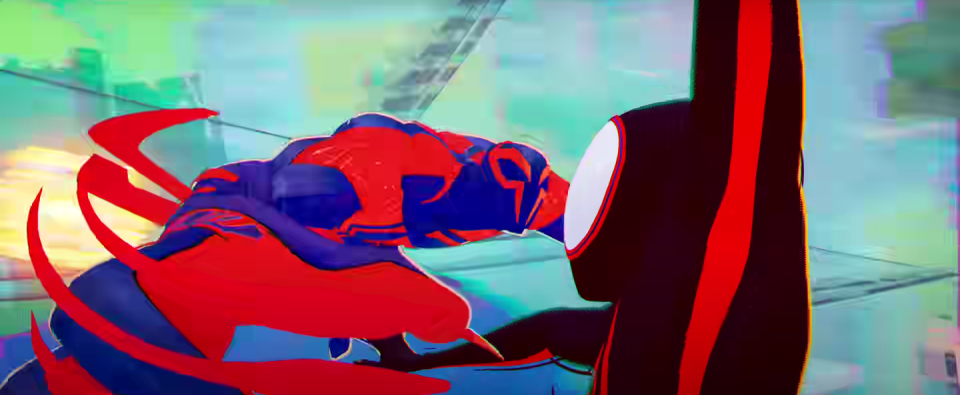 spiderman across the spiderverse part one, spider man 2099 grabs miles morales spidey while swinging