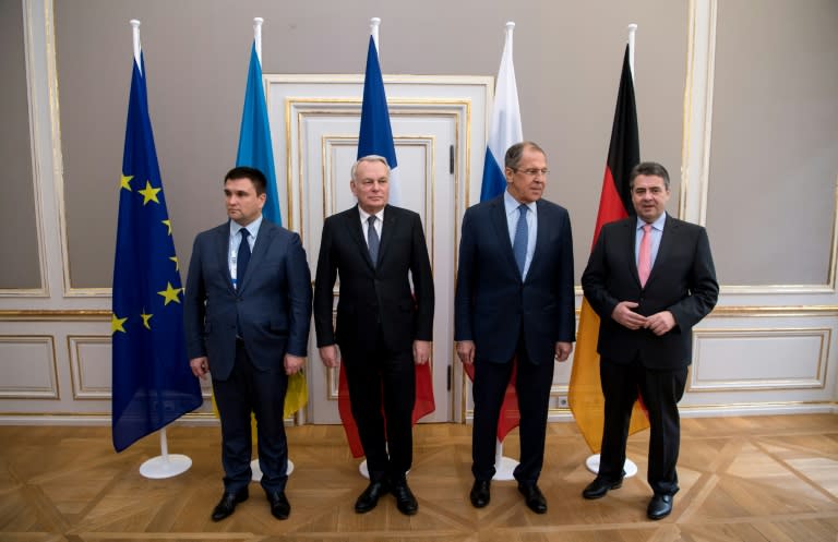 (L to R) Ukraine's Foreign Minister Pavlo Klimkin, French Foreign Minister Jean-Marc Ayrault, Russian Foreign Minister Sergei Lavrov and German Foreign Minister Sigmar Gabriel pose at the 53rd Munich Security Conference on February 18, 2017