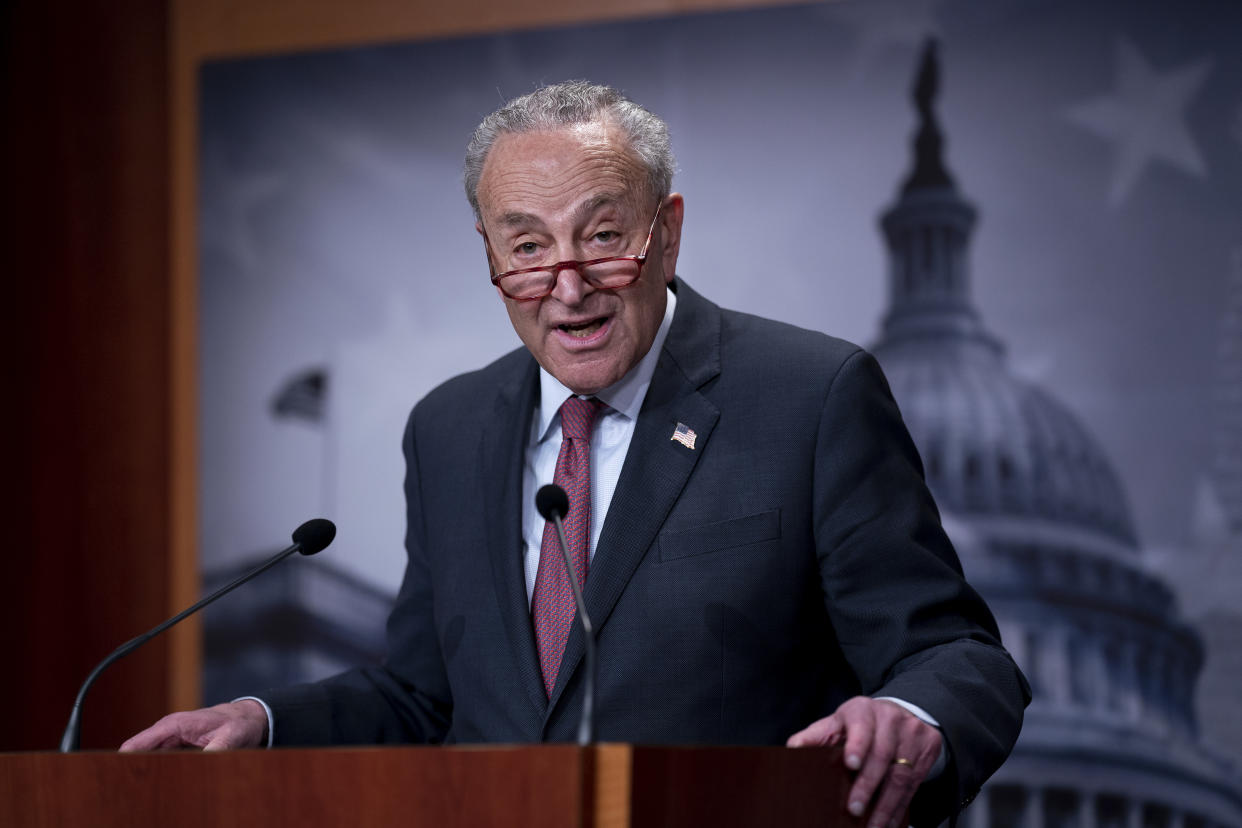 Senate Majority Leader Chuck Schumer, D-N.Y., meets with reporters to criticize Speaker of the House Kevin McCarthy, R-Calif., for playing politics as they grapple with a solution to the debt ceiling deadline, at the Capitol in Washington, Monday, April 17, 2023. (AP Photo/J. Scott Applewhite)