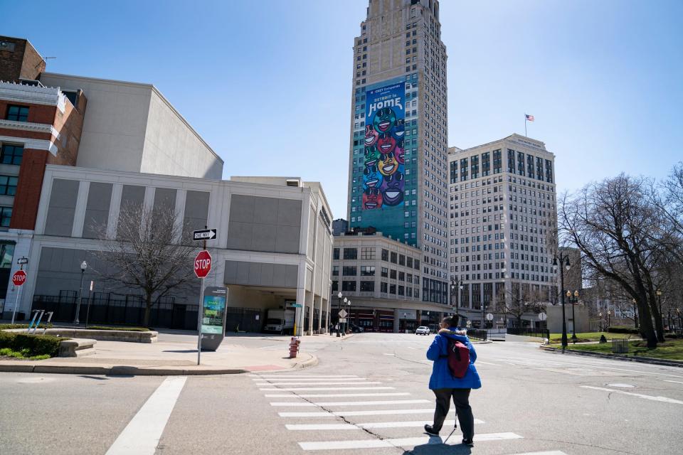 Robert Wyland's Whale Tower mural on the Broderick Building in Detroit is shown to be covered up by advertising on April 12, 2022