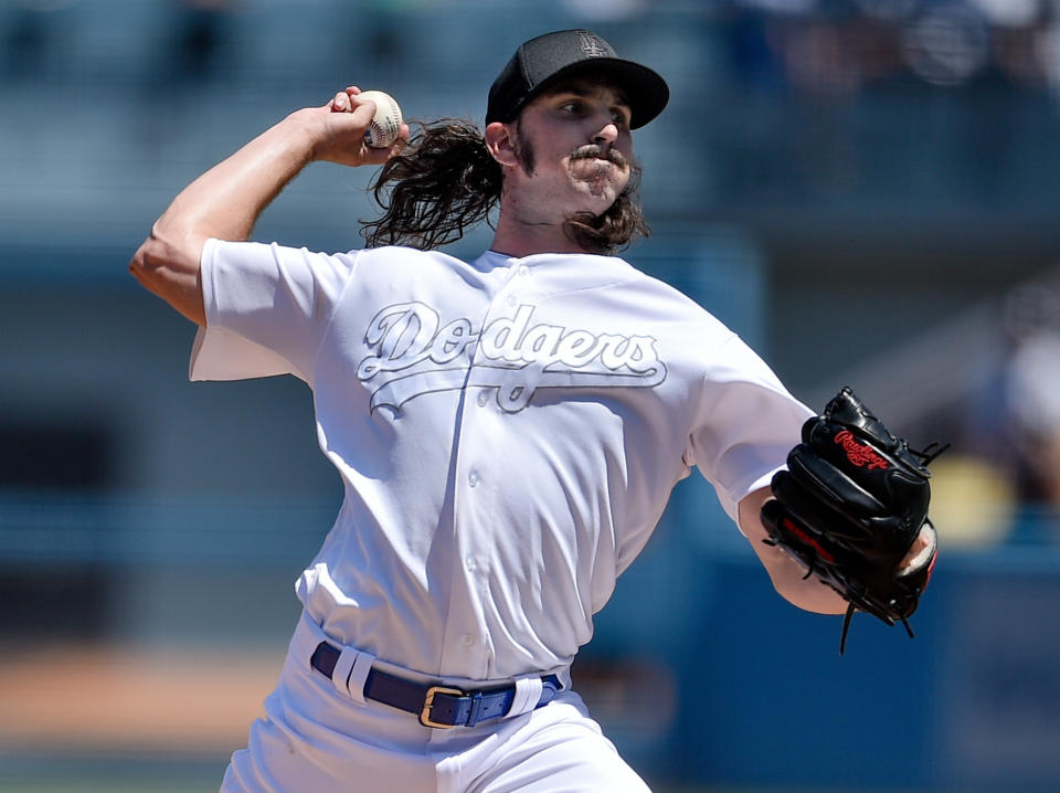 Los Angeles Dodgers starting pitcher Tony Gonsolin delivers during the first inning of a baseball game against the New York Yankees in Los Angeles, Saturday, Aug. 24, 2019. (AP Photo/Kelvin Kuo)