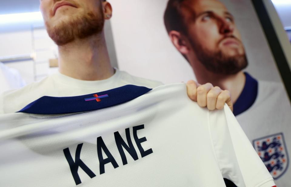 <span>The multicoloured St George’s Cross on the back of the new England shirt.</span><span>Photograph: Andy Rain/EPA</span>