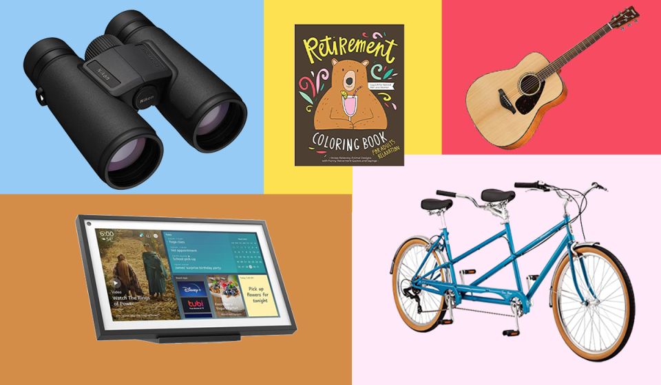 binoculars, coloring book, guitar, tandem bike, Echo Show 15