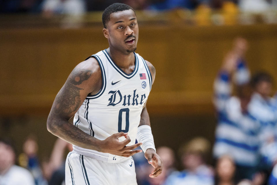 Duke forward Dariq Whitehead reacts after making a 3-pointer against Miami in the first half of an NCAA college basketball game on Saturday, Jan. 21, 2023, in Durham, N.C. (AP Photo/Jacob Kupferman)