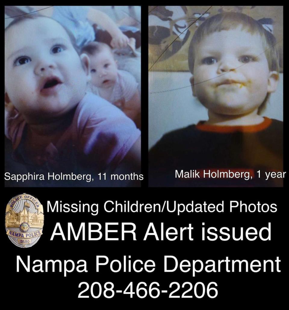 The children — 11-month-old Sapphira Holmberg and 1-year-old Malik Holmberg — were last seen in Nampa at 423 14th Ave. S, the Amber Alert said.