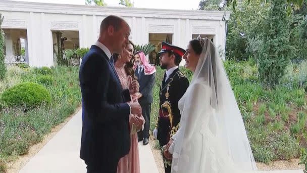 PHOTO: Britain's Prince William and Princess Catherine meet Jordan's Crown Prince Hussein and Rajwa Al Saif at their royal wedding ceremony, in Amman, Jordan, June 1, 2023, in an image from a video. (Royal Hashemite Court via Reuters)