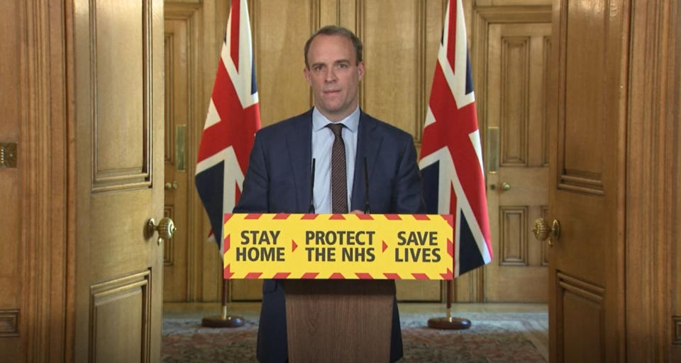 Screen grab of Foreign Secretary Dominic Raab during a media briefing in Downing Street, London, on coronavirus (COVID-19).