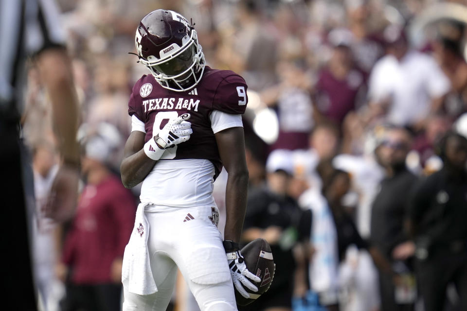 Texas A&M wide receiver Jahdae Walker eacts after a catch and run against Louisiana-Monroe during the second quarter of an NCAA college football game Saturday, Sept. 16, 2023, in College Station, Texas. (AP Photo/Sam Craft)