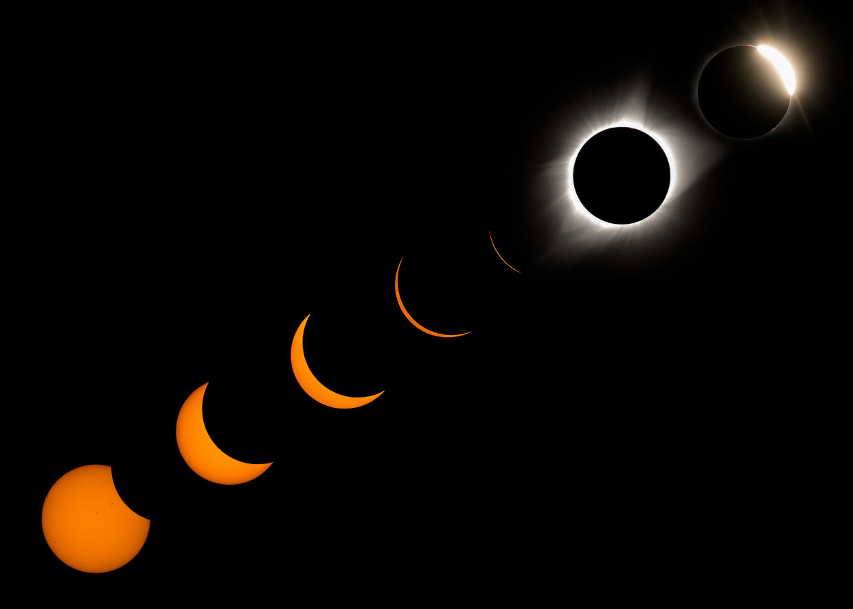   Fases del eclipse solar total de 2017, desde el primer contacto a la totalidad. (Getty Images)