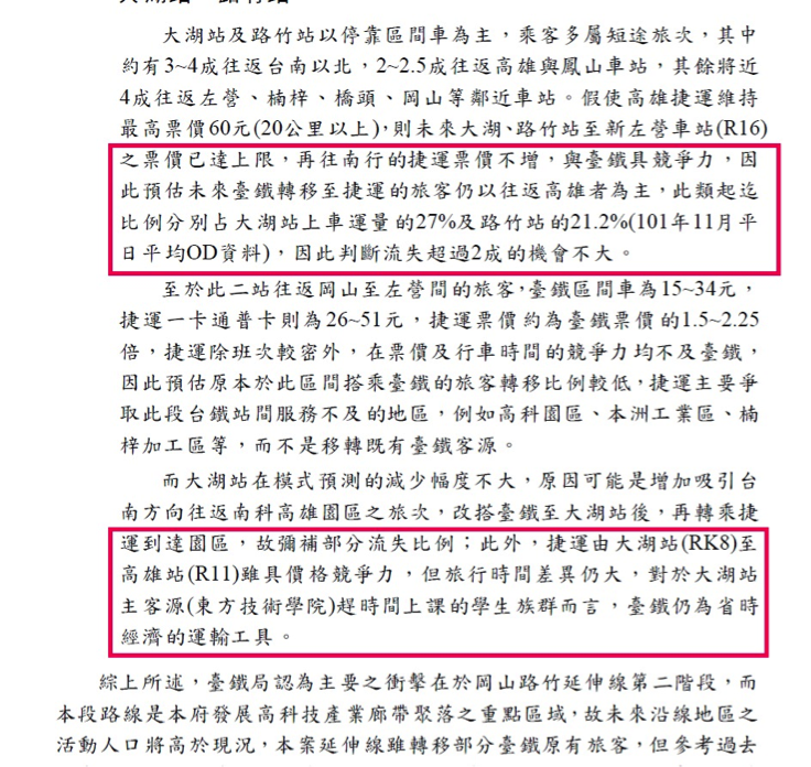 觀點投書：捷運路線不應該過度延伸的原因。可行性研究報告P135。（作者提供）