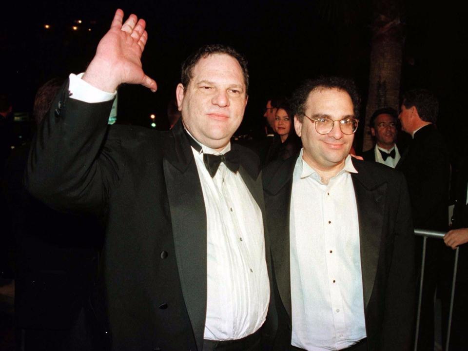 Harvey (L) and Bob Weinstein of Miramax Films arrives at the Miramax party March 24 at the Mondrian Hotel in Los Angeles. Miramax distributed the films "Sling Blade" and "The English Patient.