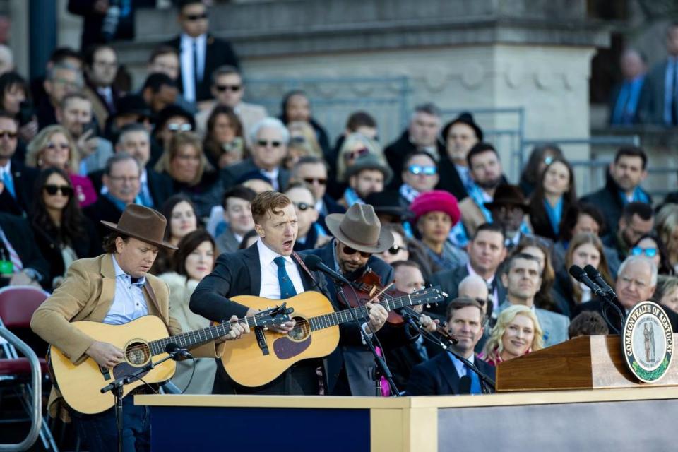 Kentucky native and country music artist Tyler Childers performs his song “Universal Sound” during the inauguration of Gov. Andy Beshear at the capitol in Frankfort, Ky, December 12, 2023.