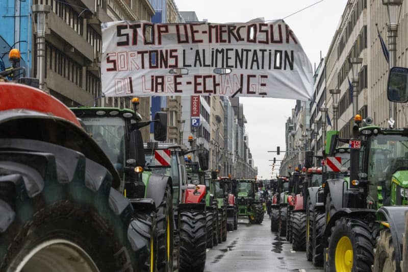 Demonstrators drive their tractors in Brussels, during a protest against the European agricultural policies and their working conditions. Nicolas Maeterlinck/Belga/dpa