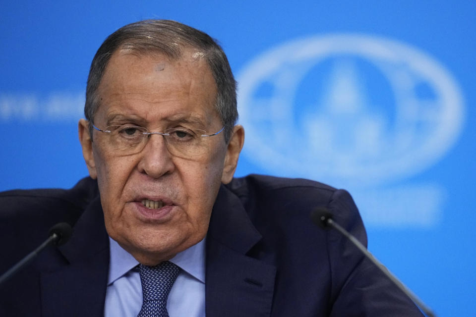 Russian Foreign Minister Sergey Lavrov speaks during his annual news conference in Moscow, Russia, on Thursday, Jan. 18, 2024. (AP Photo/Alexander Zemlianichenko)