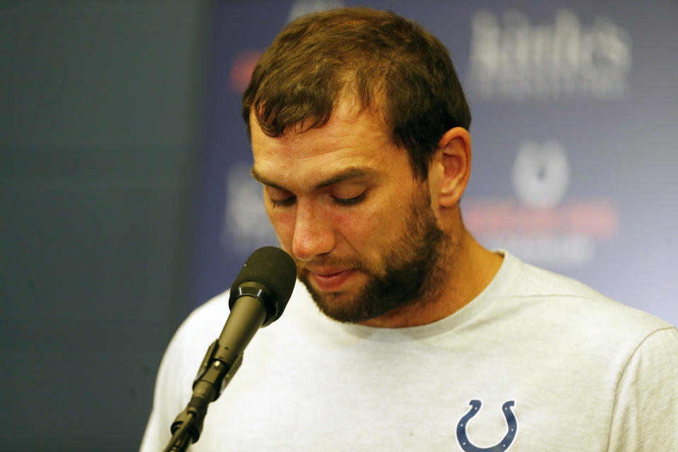 Aug 24, 2019; Indianapolis, IN, USA; Indianapolis Colts quarterback Andrew Luck announces his retirement in a press conference after the game against the Chicago Bears at Lucas Oil Stadium. Mandatory Credit: Brian Spurlock-USA TODAY Sports