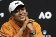 Japan's Naomi Osaka smiles during a press conference ahead of the Australian Open tennis championships in Melbourne, Australia, Saturday, Jan. 15, 2022. (AP Photo/Simon Baker)