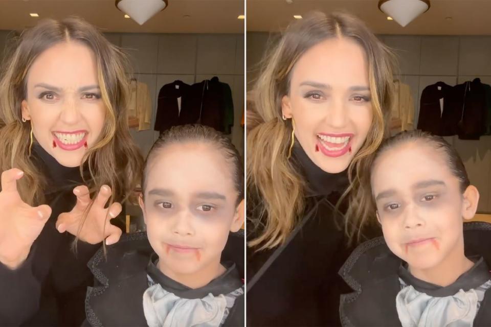 <p>Jessica Alba/Instagram</p> Jessica Alba and son Hayes getting ready for Halloween