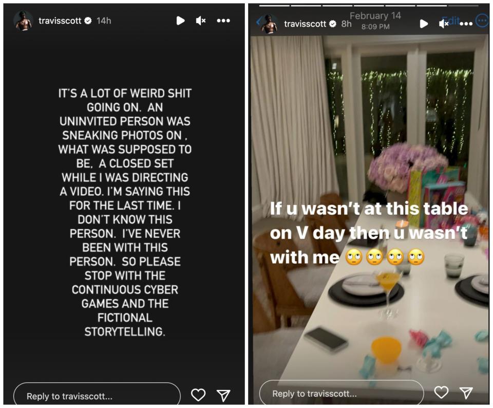 Travis Scott Instagram Stories Screenshots, denied cheating on Kylie Jenner.