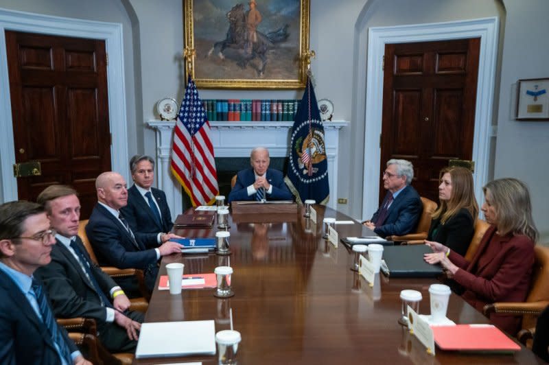 President Joe Biden, with Secretary of State Antony Blinken (L), Attorney General Merrick Garland (R) and other administration officials, outlines efforts to counter the flow of fentanyl into the United States during a meeting in the Roosevelt Room of the White House in Washington, D.C., on Tuesday. Photo by Shawn Thew/UPI