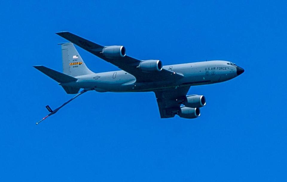 USAF KC-135 Stratotanker flies over South Beach during the Hyundai Air & Sea Show 2022 in Miami Beach. on Saturday May 28, 2022,