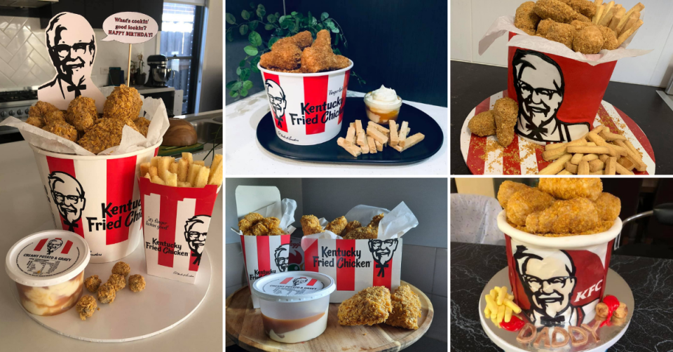 Servings of cakes designed to look like KFC fast food such as nuggets and chips, all in KFC packaging.