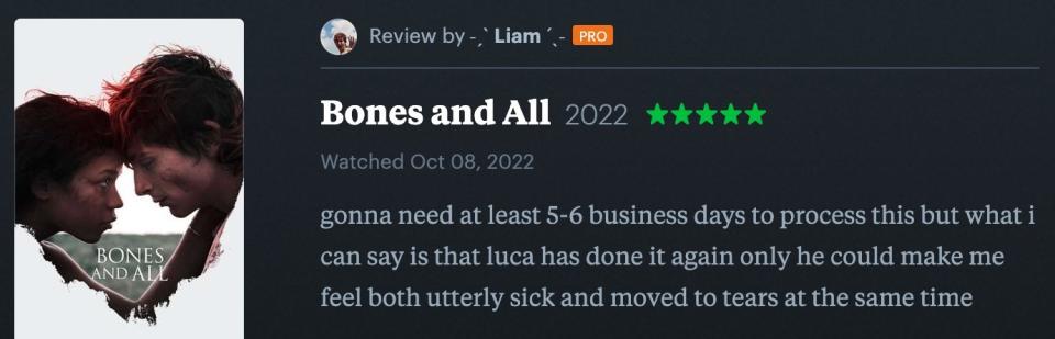 5 star Letterboxd review for "Bones And All"