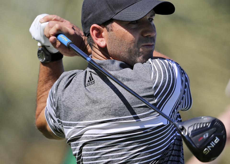 Spain's Sergio Garcia tees off on the 14th hole during the second round of the Abu Dhabi Championship golf tournament in Abu Dhabi, United Arab Emirates, Friday, Jan. 17, 2020. (AP Photo/Kamran Jebreili)