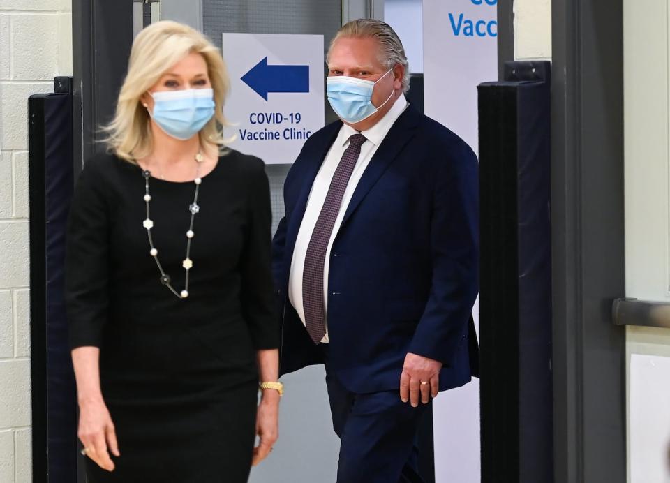 Ontario Premier Doug Ford, right, and Mississauga mayor Bonnie Crombie toured a mass COVID-19 vaccination clinic for Peel Region in March 2021. 