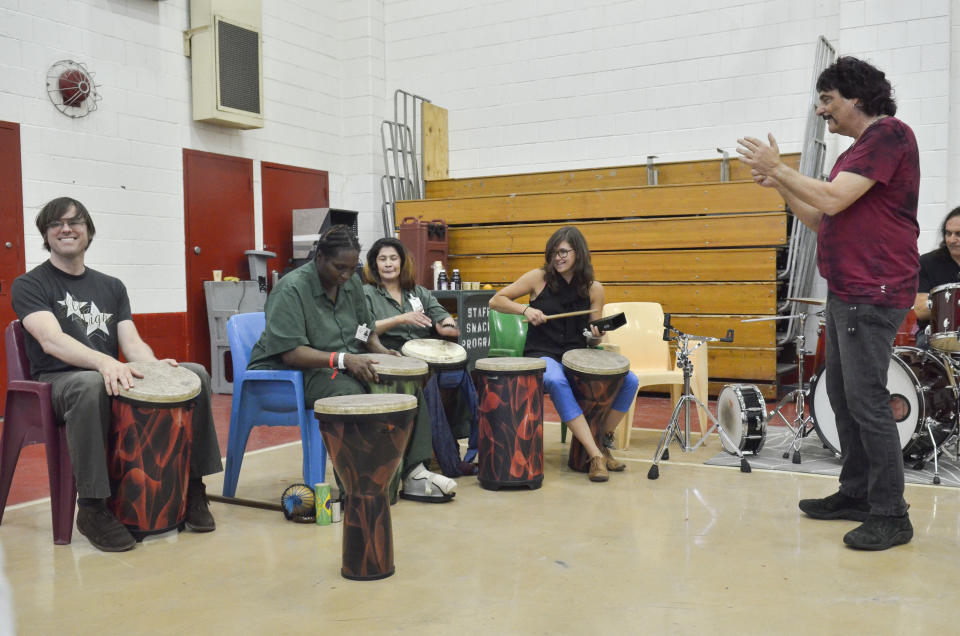 NEW YORK, NY - JUNE 20: Carmine Appice performs during the Make Music Day concert with inmate drummers and volunteers. Featured in the photo are inmates Alitha Jackson and Diana Marreo, along with volunteers Amy Garapic and John Colpitts. 